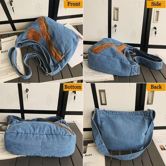 Denim Purse for Women Men Tote Bag with Zipper Crossbody Blue Jean Purses Canvas - Picture 4 of 9